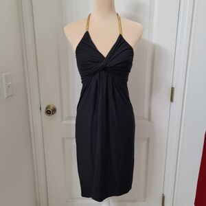 T-Bags Size XS Black with Gold Tie Neck Twist Front V-Neck Dress
